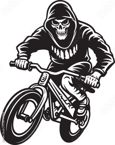 Spine-Chilling Spin: Skeleton on BMX Cycle Vector Design Grim Grind: Skeleton Performing Stunts on BMX Black Logo