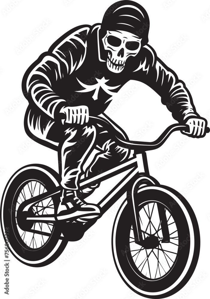 Naklejka premium SkeletoBike: Skeleton on BMX Vector Black Logo Design Bone Biker: Skeleton BMX Cyclist Black Icon