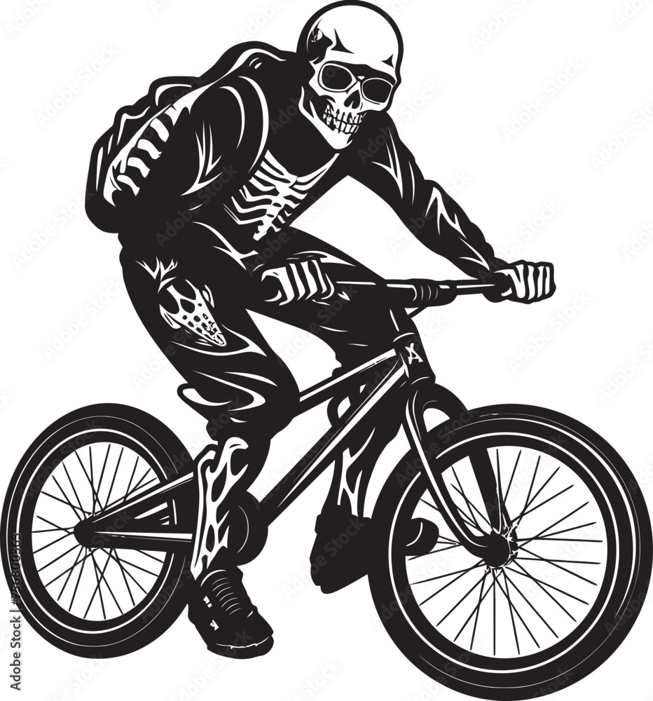 Naklejka premium Bone Biker: Skeleton BMX Cyclist Black Icon Ramp Rattler: Skeleton Performing Stunts on BMX Cycle Black Logo