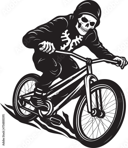 Bone Biker: Skeleton on BMX Cycle Black Logo Icon Spooky Shred: Skeleton Riding BMX Vector Design