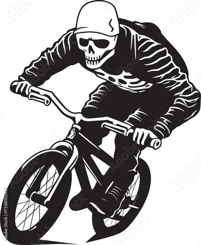 Rad Remains: Skeleton on BMX Cycle Black Logo Ollie Ossuary: Skeleton Riding BMX Vector Icon