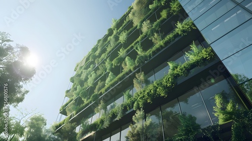 Sustainable green building. Energy efficient building. Sustainable glass office building with trees for reducing carbon dioxide. Office with green environment. Corporate building.