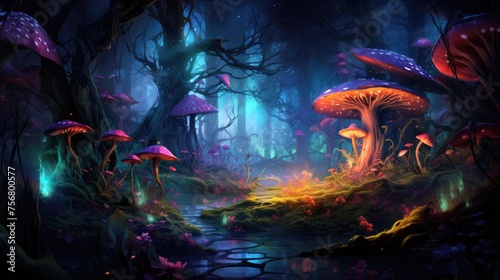 Enchanted forest scenery with luminous mushrooms and river. Fantasy landscape.