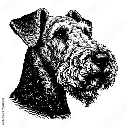Airedale Terrier dog portrait. Hand Drawn Pen and Ink. Vector Isolated in White. Engraving vintage style illustration for print, tattoo, t-shirt	