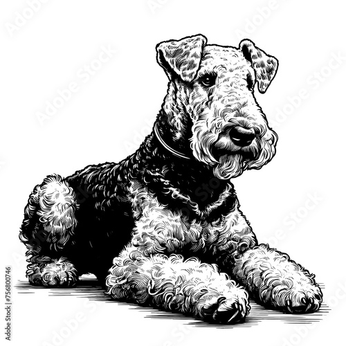 Full-length Airedale Terrier dog laying down. Hand Drawn Pen and Ink. Vector Isolated in White. Engraving vintage style illustration for print, tattoo, t-shirt	