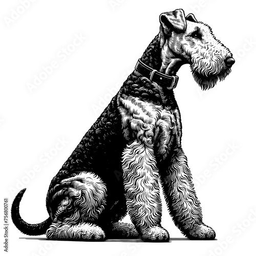 Full-length Airedale Terrier dog sitting. Hand Drawn Pen and Ink. Vector Isolated in White. Engraving vintage style illustration for print, tattoo, t-shirt	