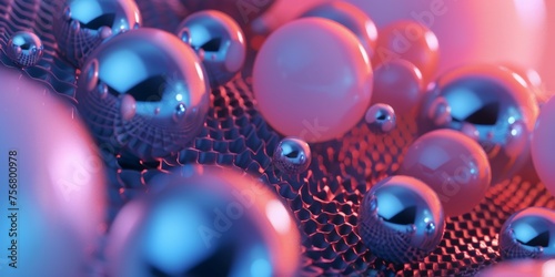 A close up of many shiny, metallic spheres in a pinkish purple hue - stock background.
