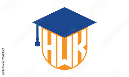 HWK initial letter academic logo design vector template. school college logo, university logo, graduation cap logo, institute logo, educational logo, library logo, teaching logo, book shop, varsity	
 photo