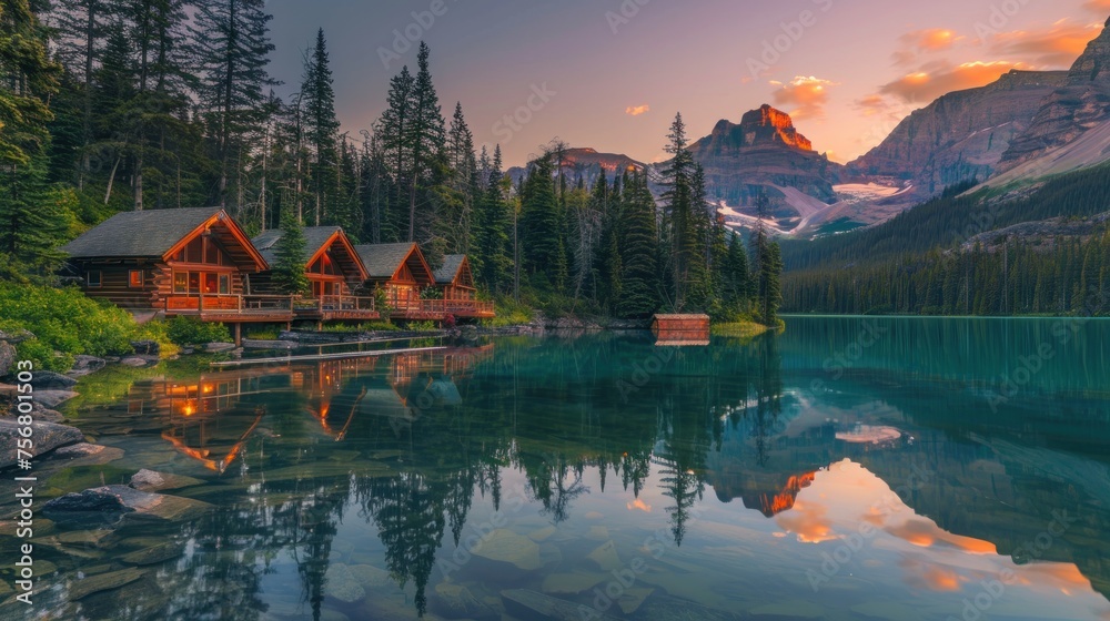 Fototapeta premium Guest cabins reflect in the tranquil waters of lake at sunset.
