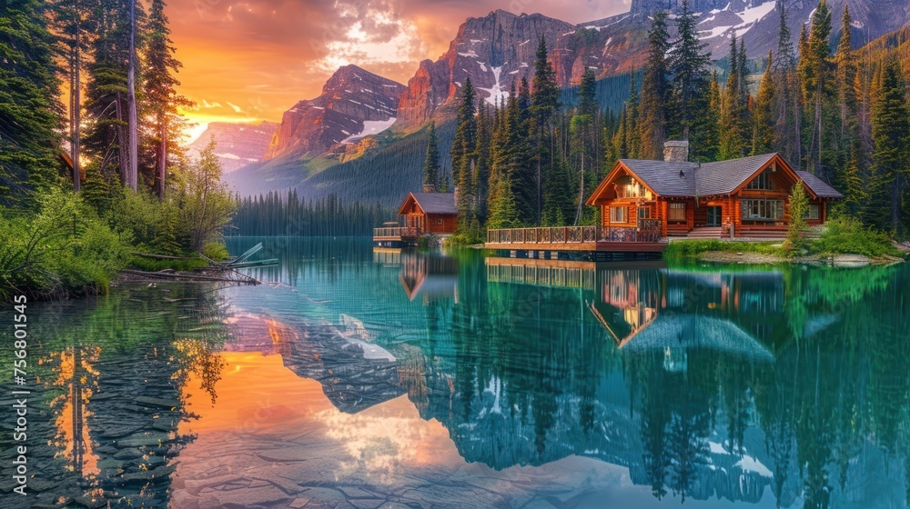 Obraz premium Guest cabins reflect in the tranquil waters of lake at sunset.