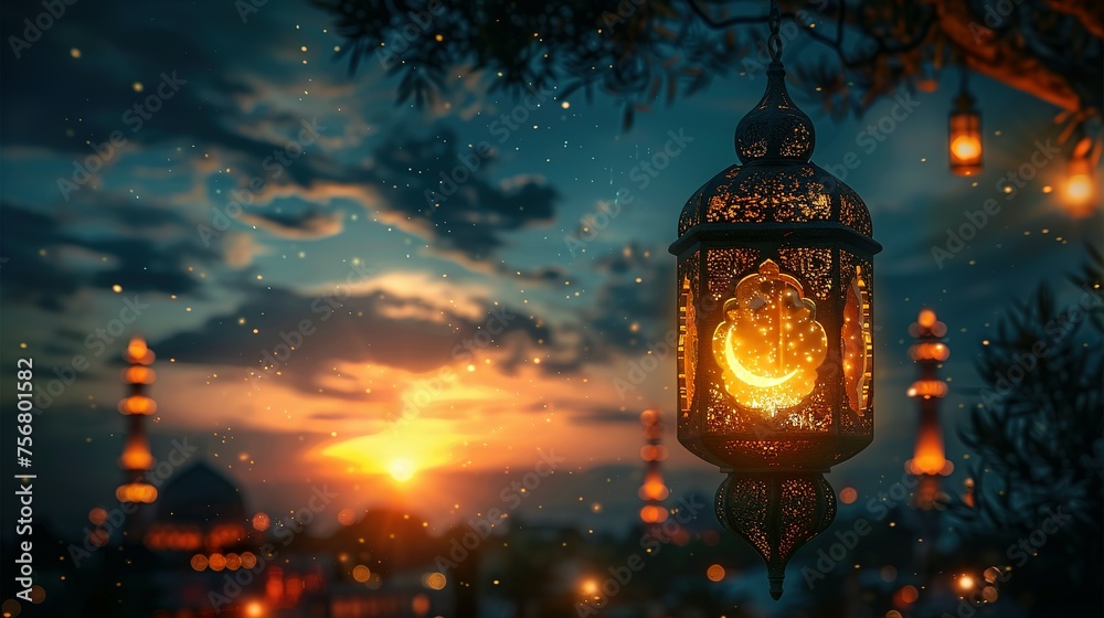 Ramadan Kareem illustration banner background with Islamic Crescent and lantern and written Ramadan Kareem Ramadan Kareem illustration banner background with Islamic Crescent and lantern and written Ramadan Kareem