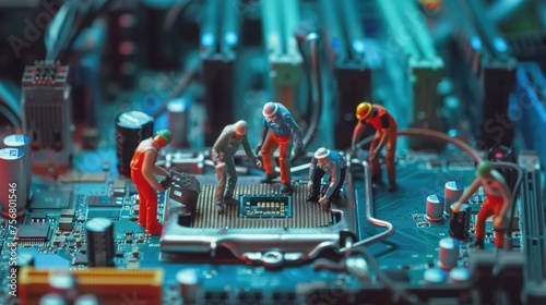 Closeup miniature technician working on a computer motherboard