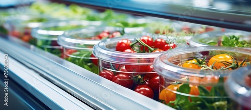 A display case filled with plastic containers of vegetables, perfect for gathering fresh ingredients for your next cuisine recipe or dish