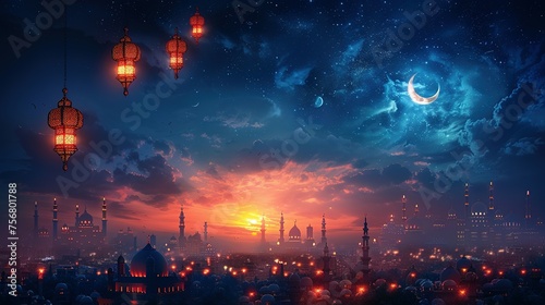 Ramadan Kareem illustration banner background with Islamic Crescent and lantern and written Ramadan Kareem