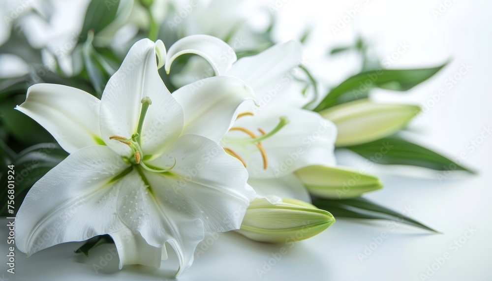 Funeral lily on white background with spacious area for text placement and design creativity