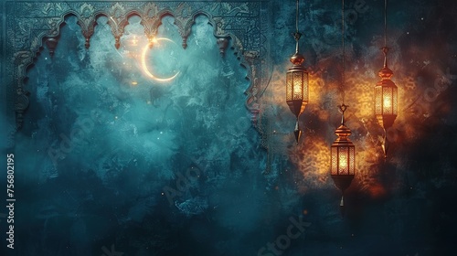 Ramadan Kareem illustration banner background with Islamic Crescent and lantern and written Ramadan Kareem © Jennifer