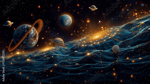 A cosmic setting with gold stars and planets.