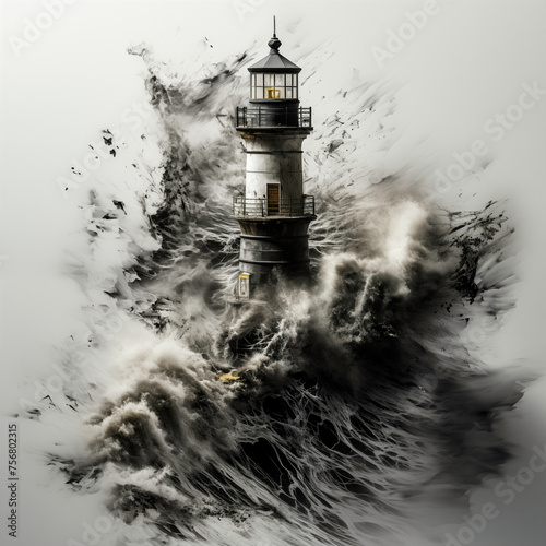 Black and white painting of a lighthouse in a storm