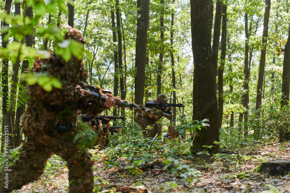 A specialized military antiterrorist unit conducts a covert operation in dense, hazardous woodland, demonstrating precision, discipline, and strategic readiness A specialized military antiterrorist unit conducts a covert operation in dense, hazardous woodland, demonstrating precision, discipline, and strategic readiness