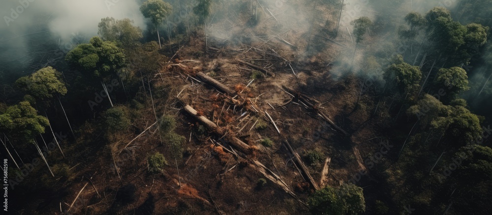 An aerial view of a dense jungle with smoke rising from the canopy, creating an eerie yet captivating natural landscape