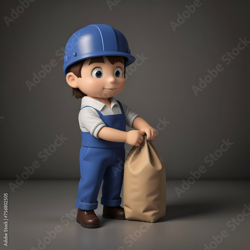 a little construction worker boy with blue helmet and work overalls, cartoon style with bag, mockup. company mascot