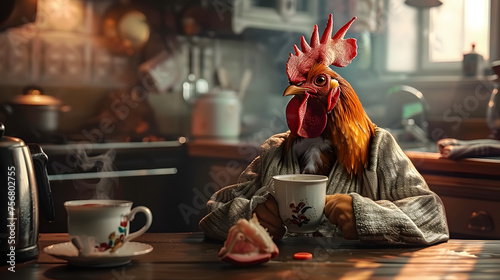 A surreal portrait of a stylish rooster in a housecoat or bathrobe in the kitchen drinking tea, coffee or other hot drink