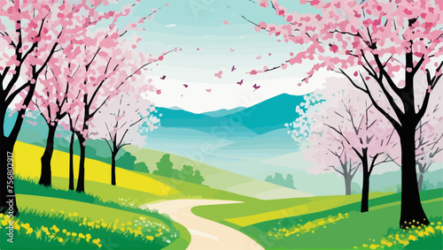 Springtime Splendor: Mountain Landscape with Blooming Trees