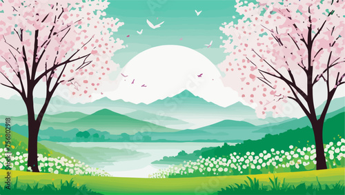 Mountain Retreat: Serene Spring Scene with Trees and Flowers