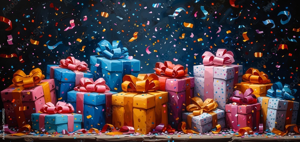 Fototapeta premium Festive Frenzy of Wrapped Gifts and Confetti