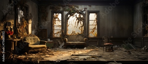 Abandoned house with deteriorated interior. photo