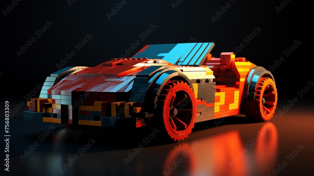3D render of an 8-bit sports car modeled with voxels showcasing detailed pixel-like cubes for a three-dimensional effect