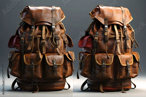 Two weathered leather backpacks with a multitude of pockets and straps showcased side by side photo