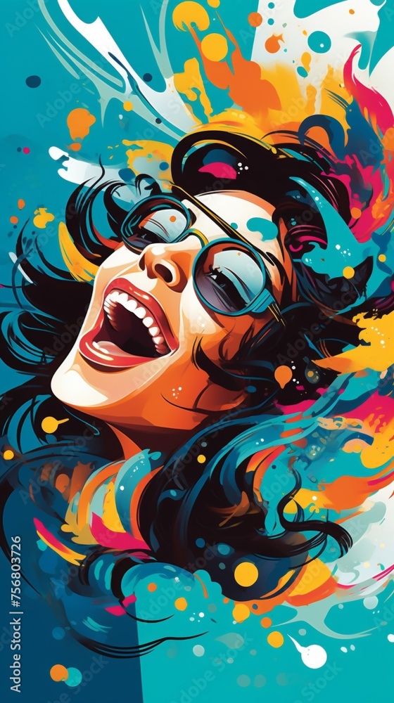 A vibrant stylized illustration of a young woman with flowing
