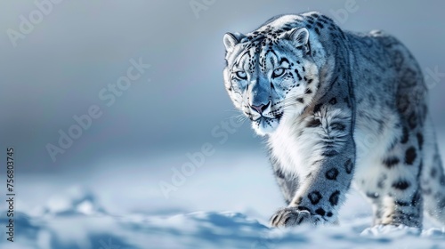 Snow leopard showcasing its exceptional camouflage in the vast snowy expanse of its natural habitat photo