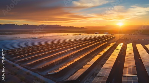 Aerial view of a vast solar farm sprawling across a desert landscape reflecting the golden sunset