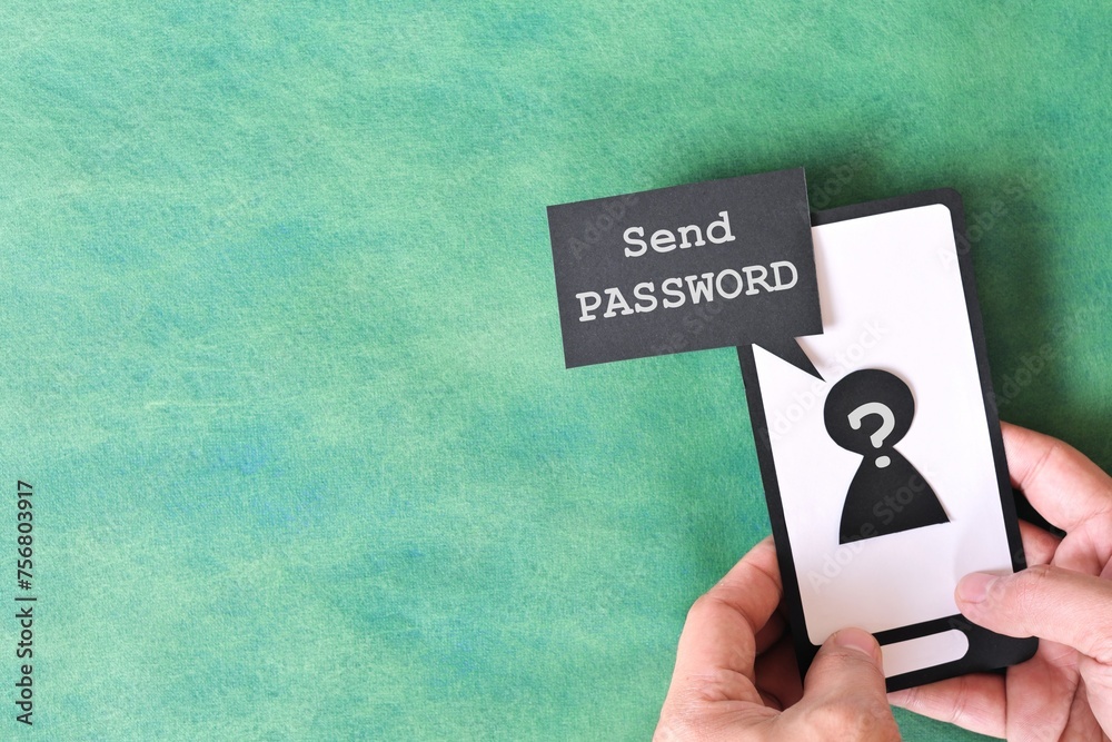 Send password text message smishing scam concept. Hand holding mobile phone with message from unknown sender.