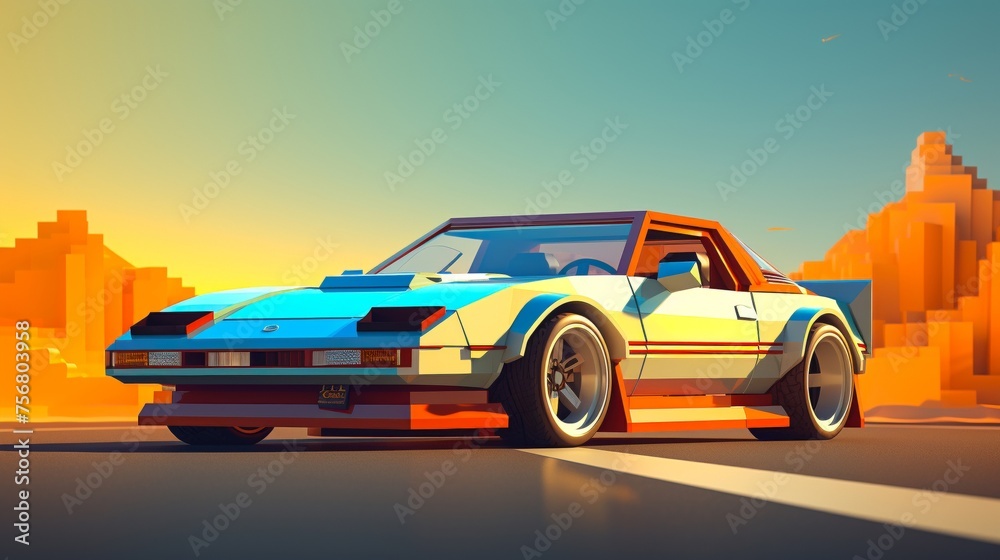 Fototapeta premium Cinematic 3D scene of an 8-bit sports car transitioning into a fully rendered modern sports car