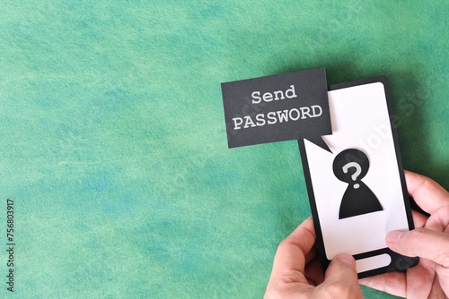 Obraz na płótnie Send password text message smishing scam concept. Hand holding mobile phone with message from unknown sender. w salonie