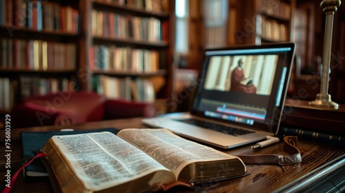 An ultra-high-definition photograph of an open Bible resting on a desk beside a laptop displaying a live stream of a church service