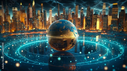 Cinematic 3D scene of a digital globe surrounded by floating displays of various economic indicators blockchain networks