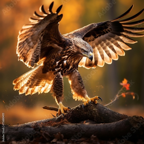 Majestic Eagle Landing with Wings Spread in Autumn Forest