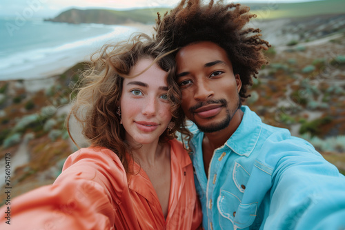 Selfie photo of a happy young couple on summer vacation. The background is the sea coast.