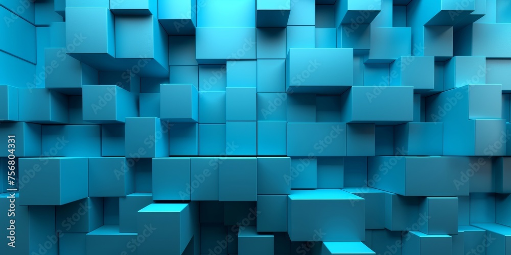 A blue wall made of blue cubes - stock background.
