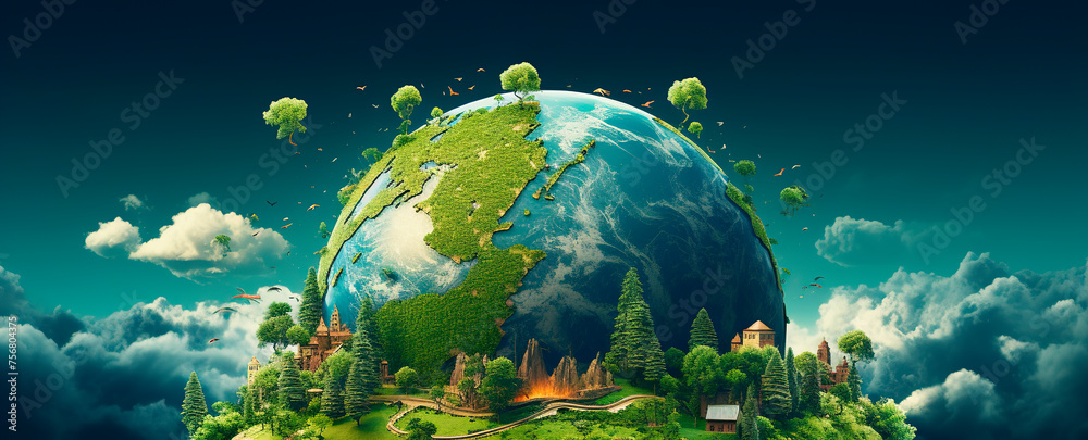 Earth globe illustration on with plants copy space banner ecological earth day hour safe trees mountains environmental problems on blue background - obrazy, fototapety, plakaty 