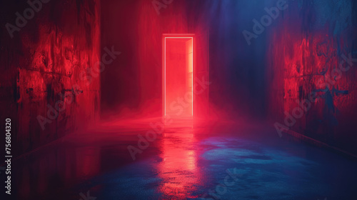 Futuristic room interior  red laser light and door inside modern dark concrete hall. Concept of garage  cyberpunk  background  construction