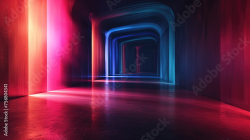 Futuristic abstract room interior, neon light inside modern dark tunnel. Concept of hall, garage, background, warehouse,