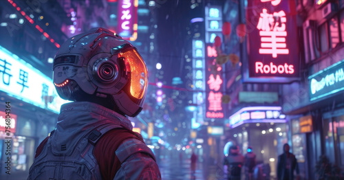 AI robot in cyberpunk city at night, gloomy dark street with neon signs and tall modern buildings. Theme of technology, dystopia and future.