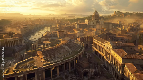 Ancient Rome city in summer, aerial view old historical buildings and sunset sky. Theme of Roman empire, antique, history, travel, italy, skyline,