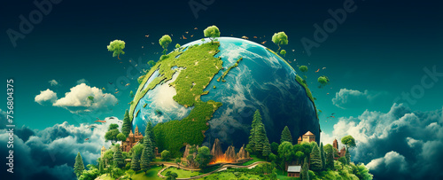 Earth globe illustration on with plants copy space banner ecological earth day hour safe trees mountains environmental problems on blue background photo
