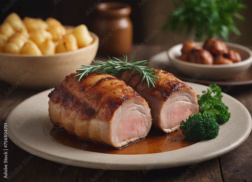 Roasted pork tenderloin, juicy and succulent oven-baked piece of meat rubbed with spices: rosemary, bay leaf, lime juice, and pepper on a plate background, close-up, side view Roasted pork tenderloin, juicy and succulent oven-baked piece of meat rubbed with spices: rosemary, bay leaf, lime juice, and pepper on a plate background, close-up, side view